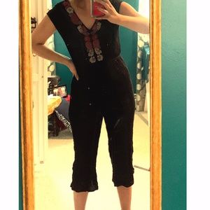 Black embroidered cropped jumpsuit